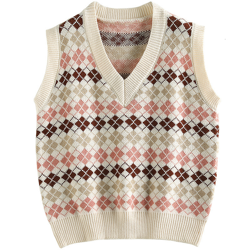

2021  Plaid Stylish Preppy Sweaters Multi-wear Tank Tops with in v Autumn Elegant New Design Desk Lady Clothes Egwe, Beige