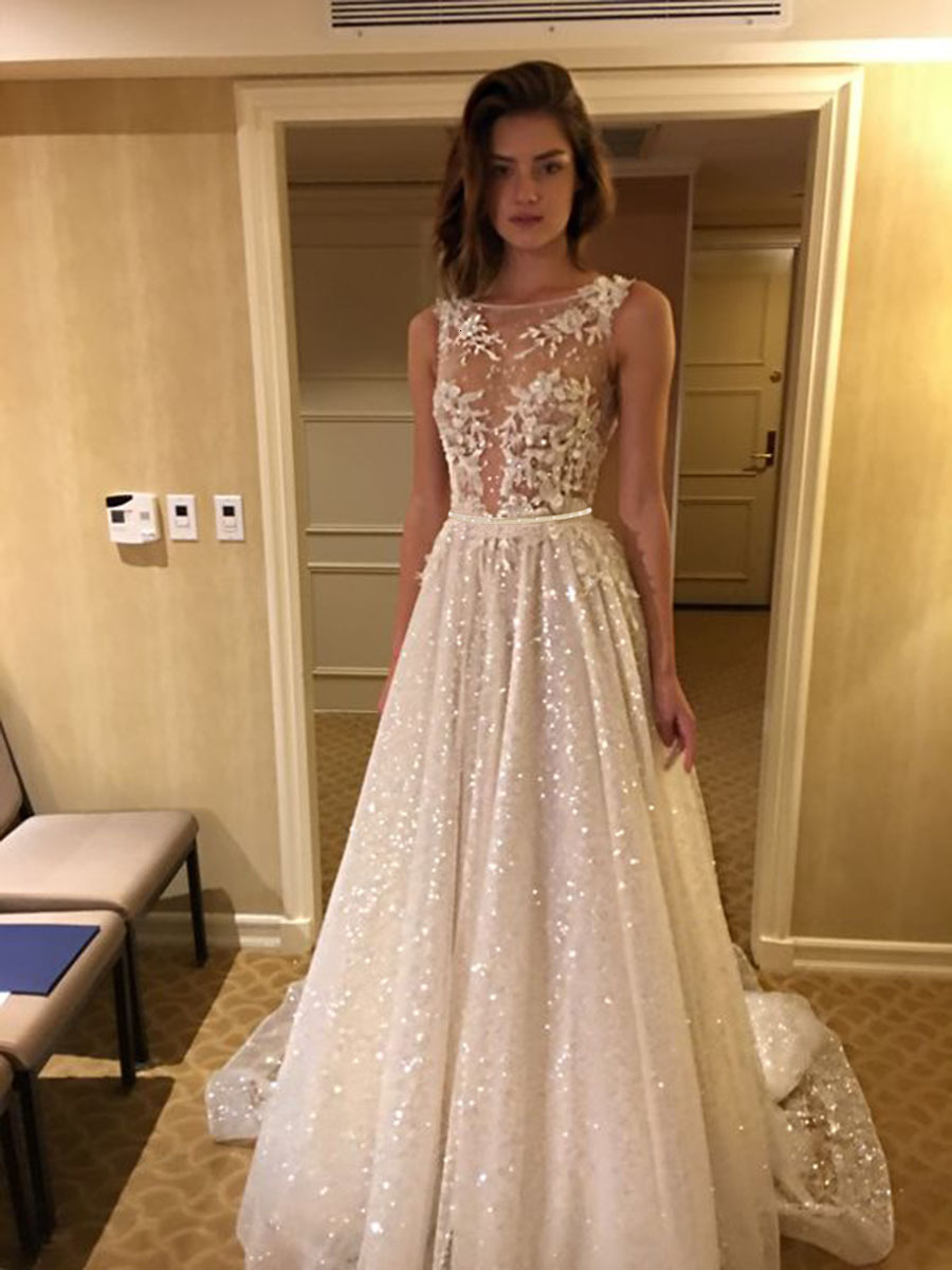 

2021 New Sexy Scoop Shiny Sequin Es Beads Flowers Long Backless Formal Wedding Bridal Gowns Vestido De Noiva 68py, Multicolor