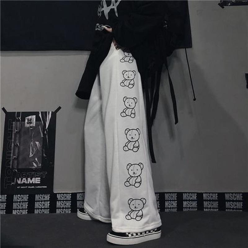 

Women' Pants & Capris Kawaii Cartoon Wide Leg Women Alt Bear Print Sweatpants Streetwear White Black Baggy Jogger E Girl Hippie Y2k Trouser
