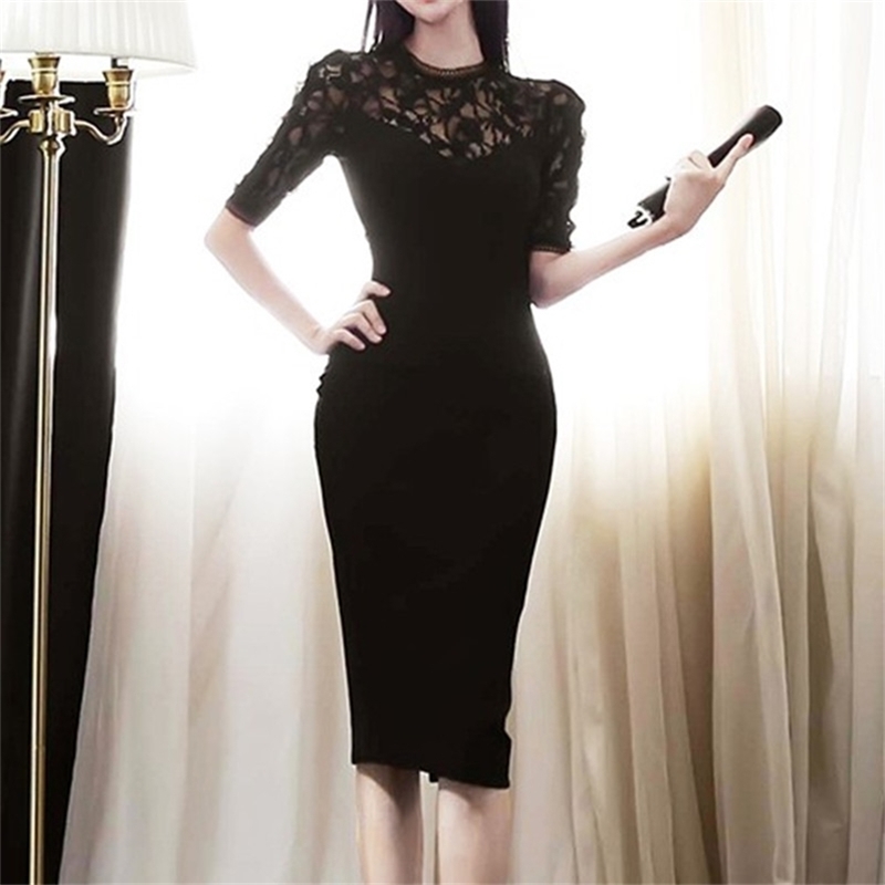 

Spring Summer Runway Hollow Out Black Water Soluble Lace Dress Women Sexy Short Sleeve Mini Vestidos 210603, Picture color