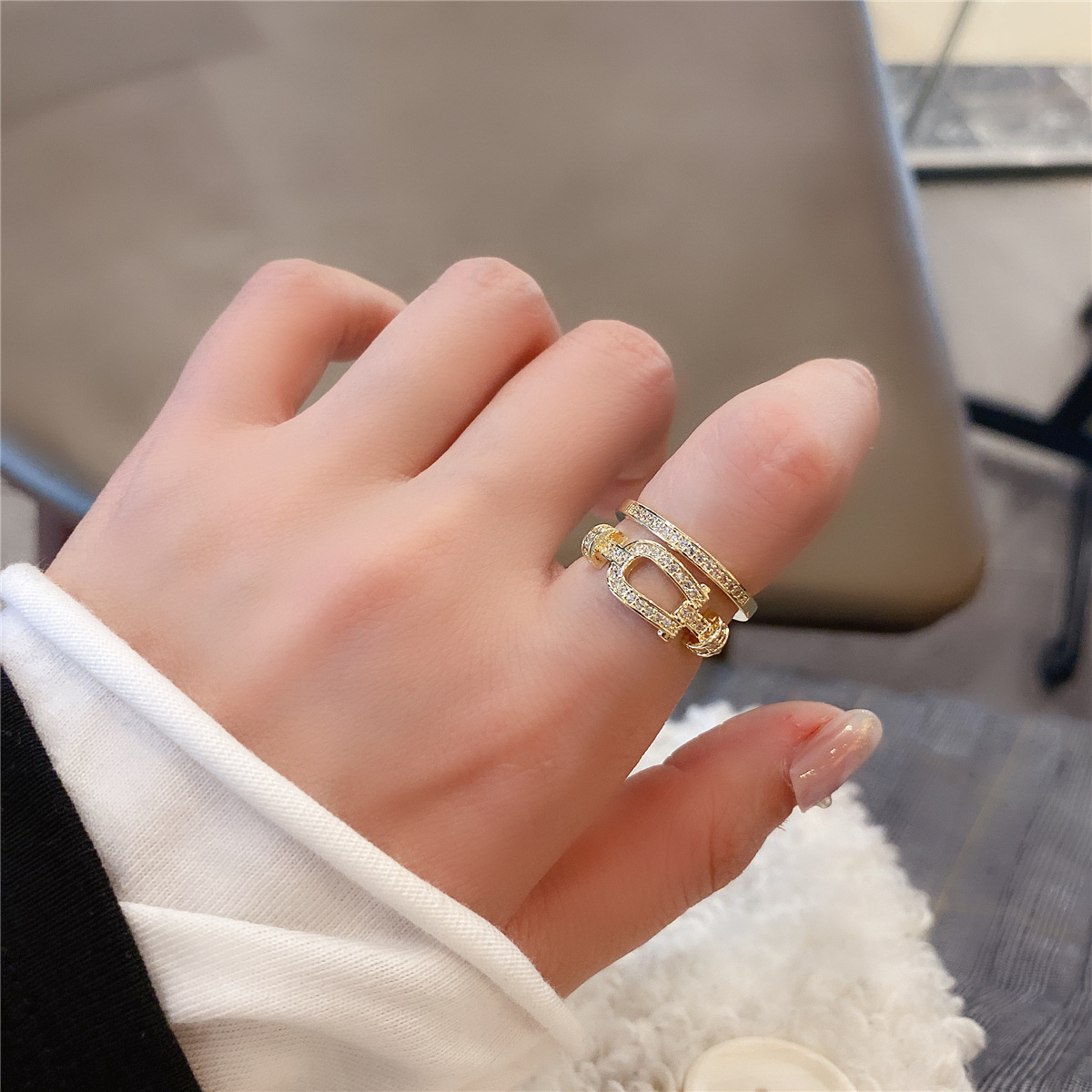 

Band Rings Wholesale adjustable women's hip hop round diamond inlaid European and American gold geometric retro metal No. 6