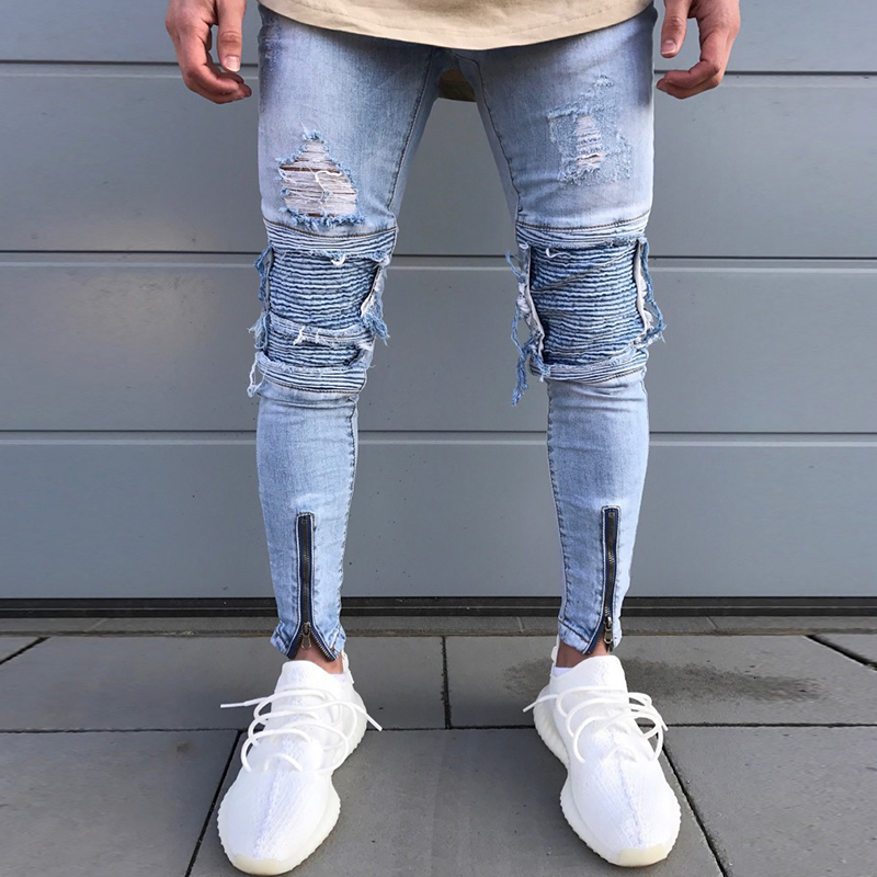 

2021 New Men's Fashion Patchwork Light-colored Motorcycle Shattered Tights Ripped Cotton Pencil Biker Cns8, Blue
