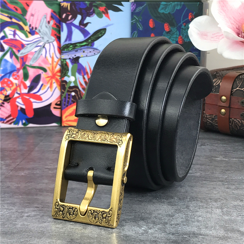 

2021 New Luxury Heavy Carving Brass Buckle Thick Genuine Male Ceinture Belts Men Leather Black Waist Belt Mbt0003 Qj7b
