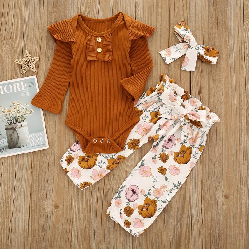 

Clothing Sets TELOTUNY Born Infant Baby Girls Solid Ruffle Ribbed Romper Tops+ Floral Printed Pants+Headband 3pcs Outfits Set, Brown
