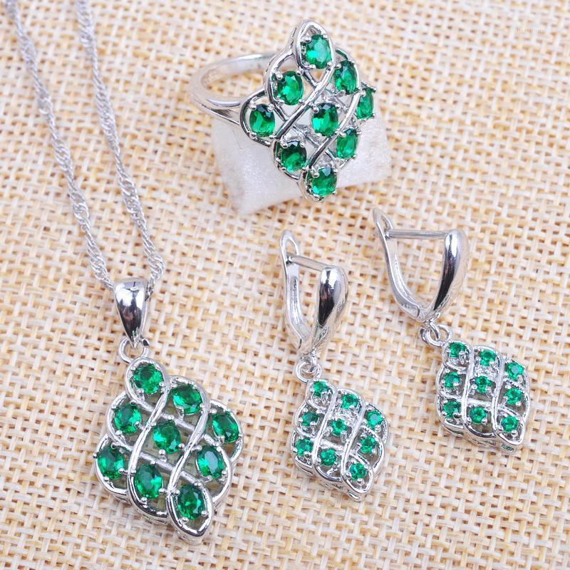

Earrings & Necklace Russian Style For Women Jewelry Sets Special Green Crystal Cubic Zircon Ring Pendant 2022, Silver