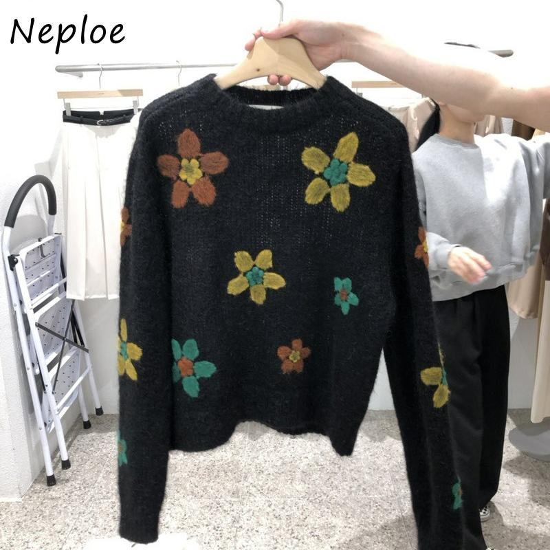 

Women's Sweaters Neploe Sweet Flowers Crewneck Sweater Women Long Sleeve Loose Knitting Pullover Tops Femme Student Fall Jumpers Mujer, White;black