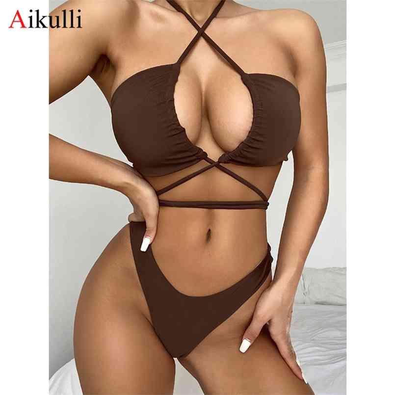 

Sexy Solid Color Bikini Swimsuit Women Halter Lace Up Wrap Around Set Thong Swimwear Summer Bather Bathing Suit Swim 210722, Red