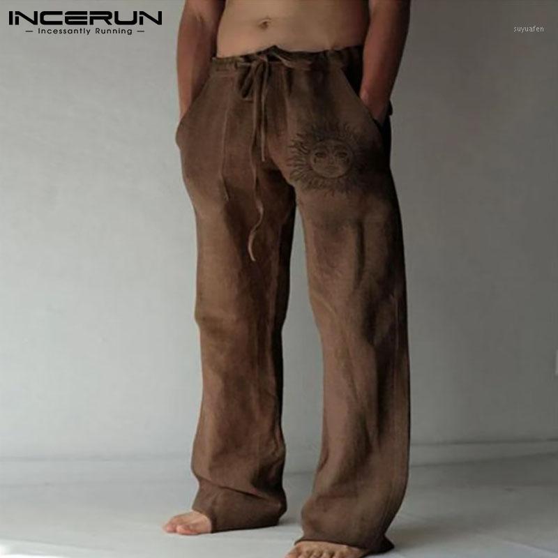 

Men' Pants INCERUN Men Printed Joggers Drawstring Vintage Streetwear Casual Straight Trousers Cotton Leisure Pantalones Hombre 5XL 7, Beige