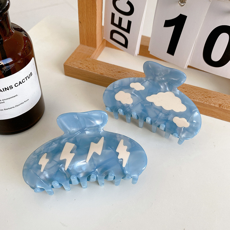 

Length 8.5 CM Semicircle Cloud Lightning Pattern Hair Clamps Women Medium Acetic Acid Alloy Scrunchies Hair Claw Clips European Female Shower Ponytail Hairpins Blue