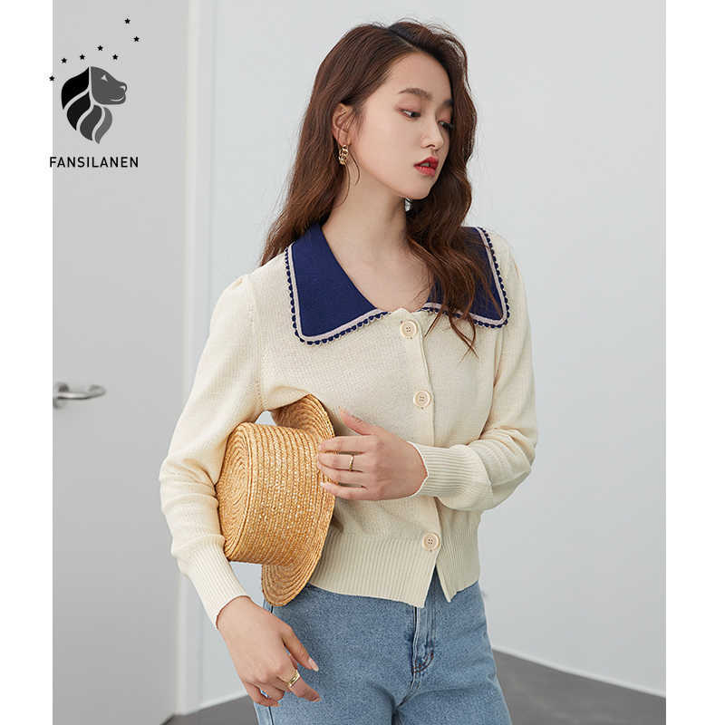 

FANSILANEN Patchwork button up knitted cardigan Women casual streetwear thin spring sweater Female long sleeve vintage 210607, Beige