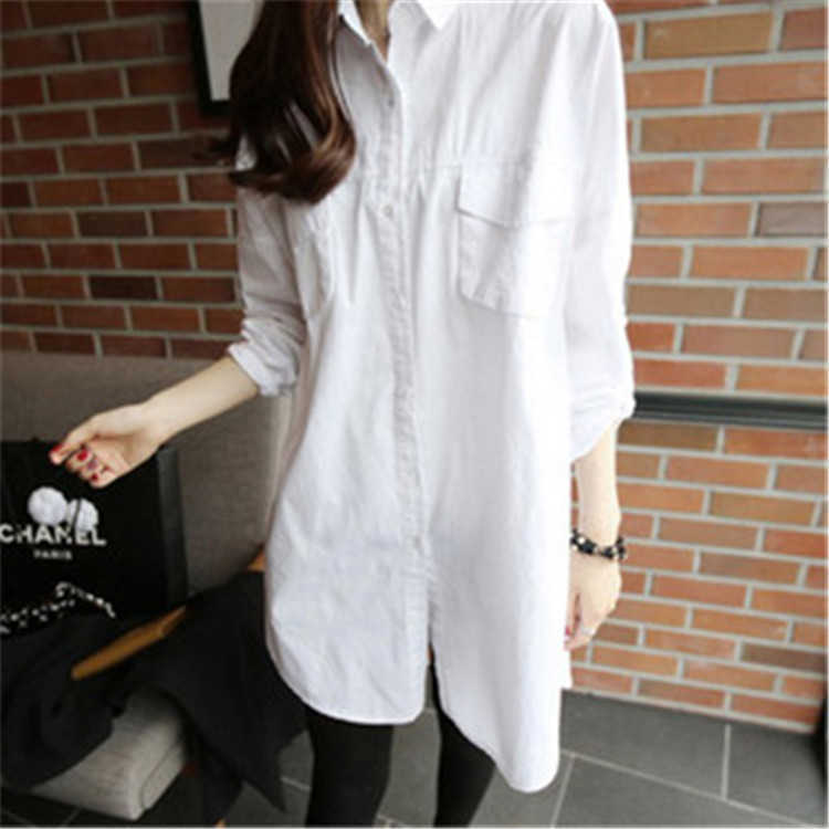 

Spring Solid Long Full Shirts Turn Down Collar Blouse Women 210615, White
