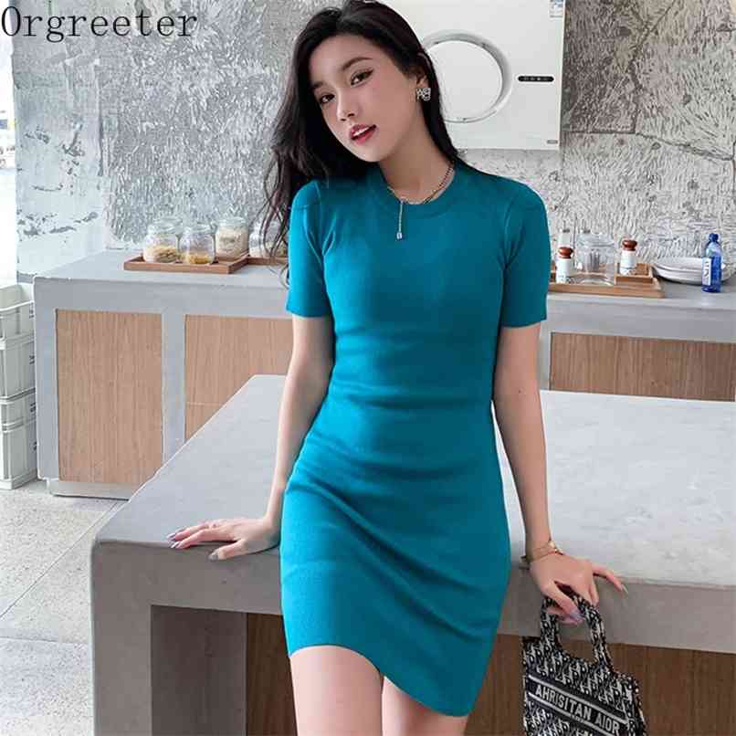 

Summer Solid O-neck Short sleeve All-macthing Knitted Dress for Women Fall Stretch Bodycon Mini Bottoming Sweater 210602, Black