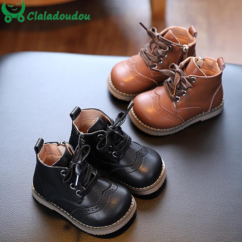 

Boots 13.5-15.5cm Toddler Girls Boys Fashion With Velvet,Retro Brogue Kids Winter Shoes,Children Hollow Flats Shoes, Black;grey