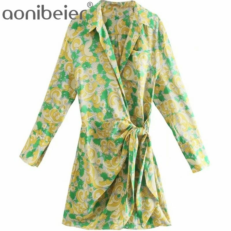 

All Over Print Pocket Front Women Casual Mini Dress Summer Long Sleeve High Waist Lace-up V Neck Wrap Female 210604, Pants