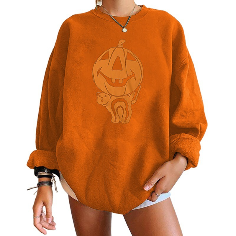 

2021 autumn new Halloween pumpkin print plus velvet sweatshirt top, Black