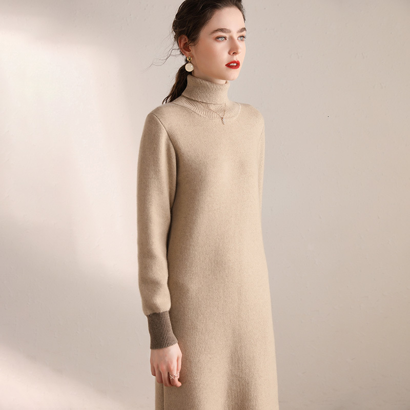 

2021 New Female Turtleneck Long Sleeves Women Knit Autumn Winter Warm Thickening 100% Cashmere Pullover Sweater Fn7g, Light camel