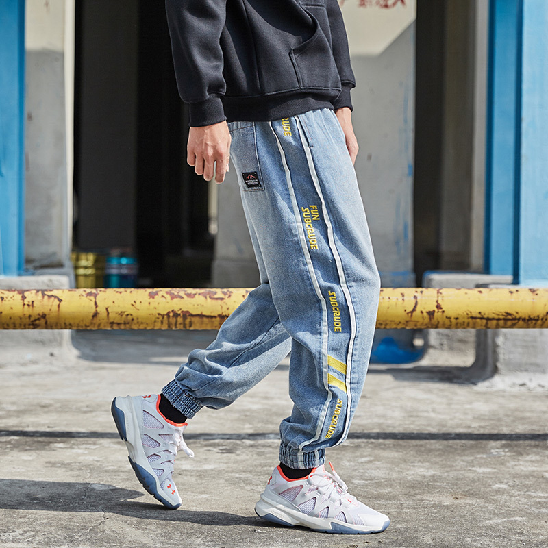 

2021 New Moda Streetwear Homens Soltos Ajuste Cor Azul Harem Calas Cargo Tarja Bordado Designer Corredores De Hip Hop Jeans Bfxs, Blue