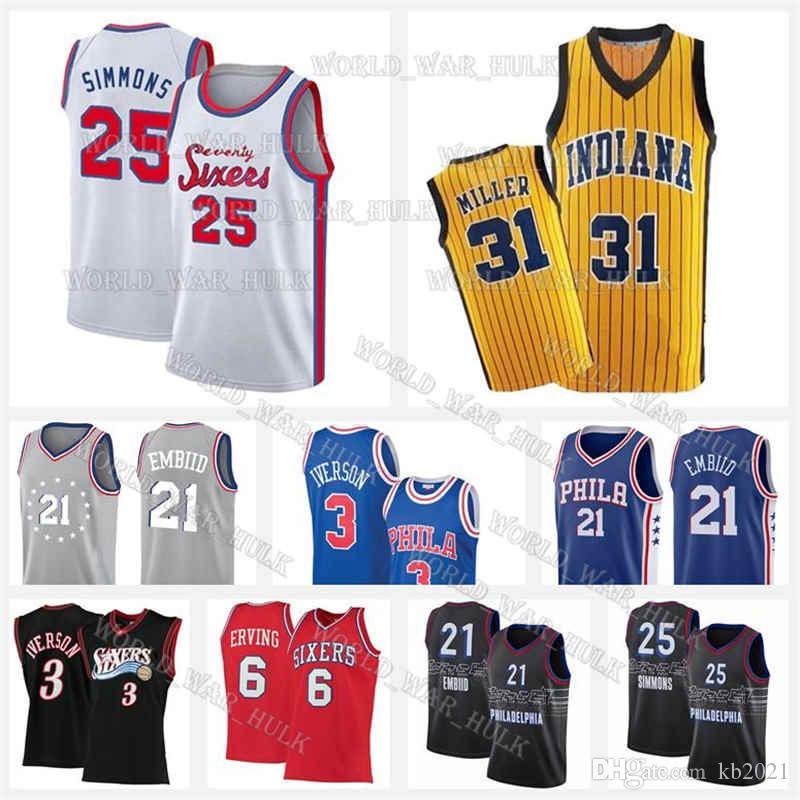 

Philadelphia 76ers Indiana Pacers Basketball Jerseys Joel Reggie 31 Miller Ben Embiid Simmons Allen Iverson Julius Erving, Black;red
