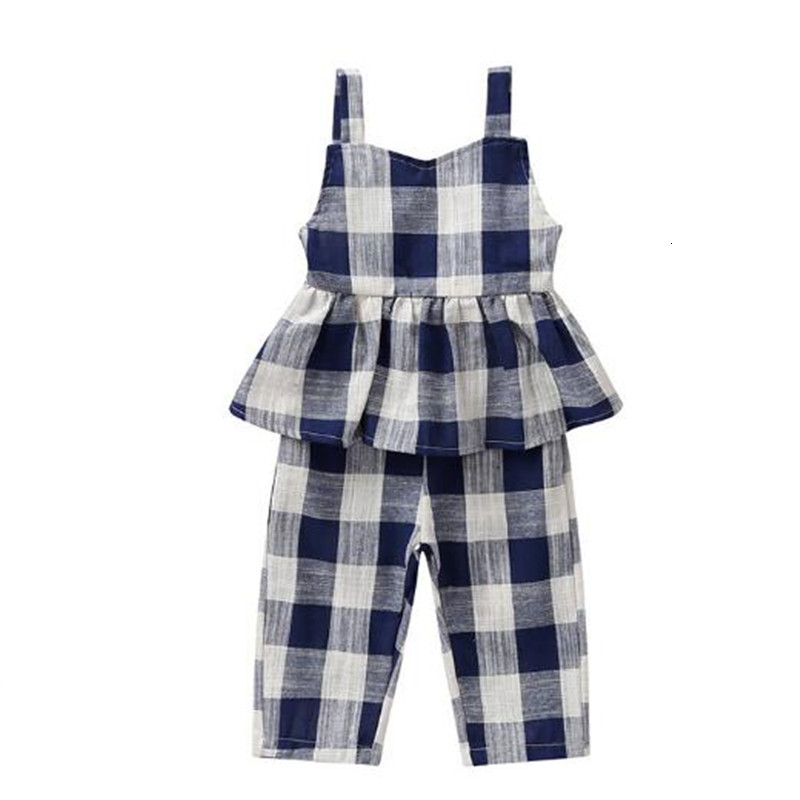 

2021 New Arrival Fashion Summer Baby Girls Plaid Overall Toddler Girl Suit Shirt+pants Children Clothing Set Hot Sale Lxh1, Sky blue