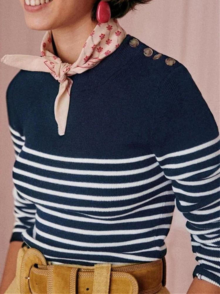 

Women's Sweaters Women O-Neck Striped Knitted Sweater 2021 Shoulder With Buttons All-Match Ladies Long-Sleeved Knitwear Pullover Tops, White;black