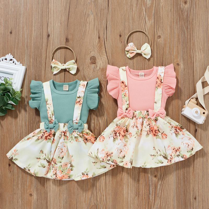 

Clothing Sets 3pcs Toddler Baby Girls Ribbed Tops +Bowknot Floral Suspender Skirts +Headband Kids Outfits Summer Girl Clothes, White