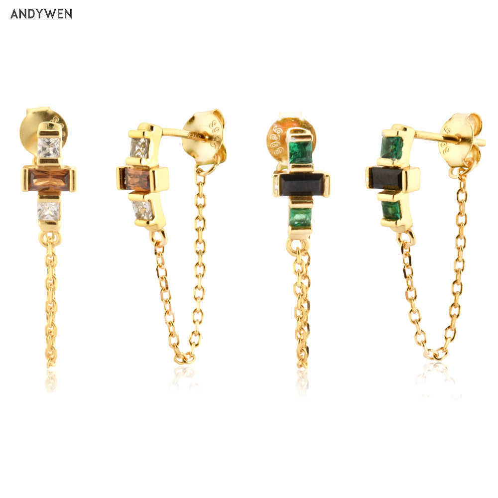 

ANDYWEN 925 Sterling Silver Gold Brown Green Chain Drop Earring Piercing Pendiente Criollas AUDRAY Verde Wedding Jewelry Gift 210608