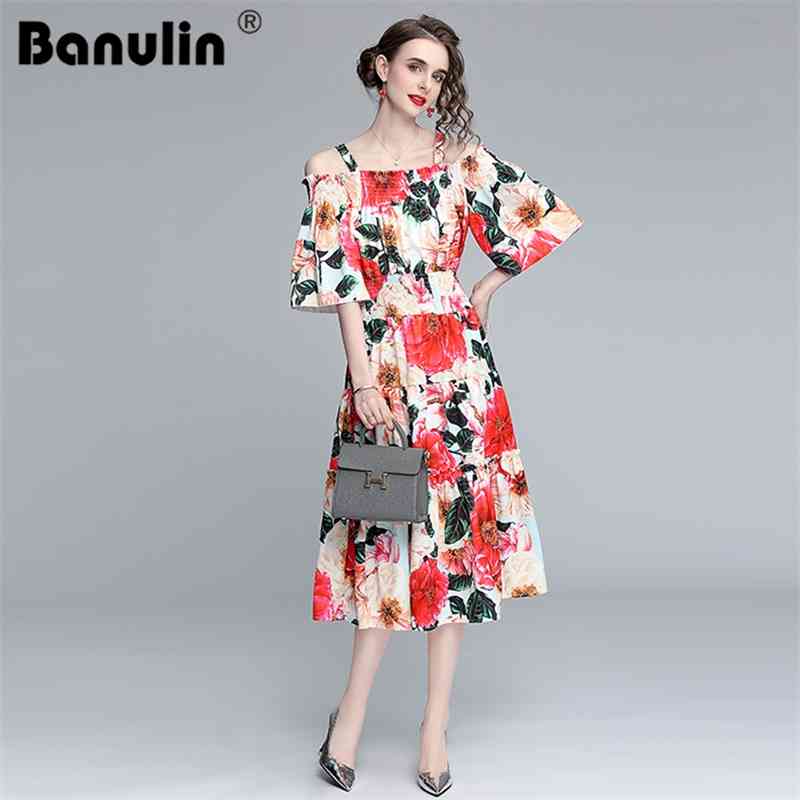 

Banulin Summer Fashion Runway Boho Dress Women Off Shoulder Spaghetti Strap Elastic Waist Floral Print Elegant Party 210603, Yellow