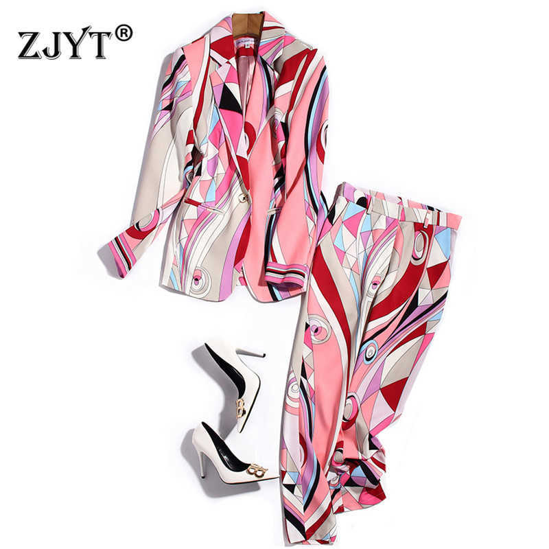 

Elegant Celebrity Party Two Piece Outfits Women Spring Runway Fashion Geometirc Print Blazer and Pants Suit Office Matching Set 210601, Pink