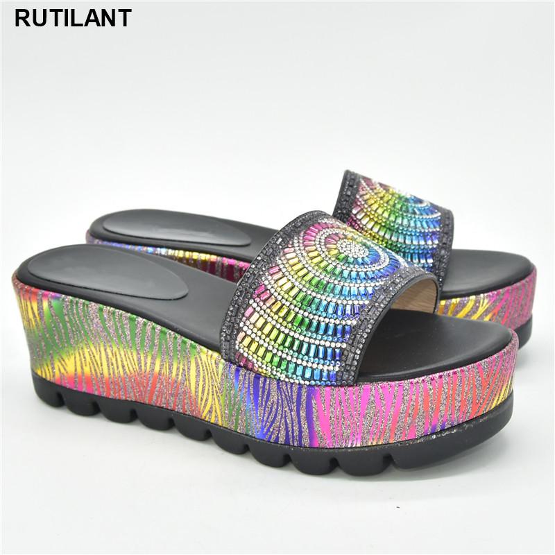 

Dress Shoes 2022 Wedge Slippers Women Comfortable Platform Italian Design Outdoor Female 6cm High Heels With Rhinestone, Black