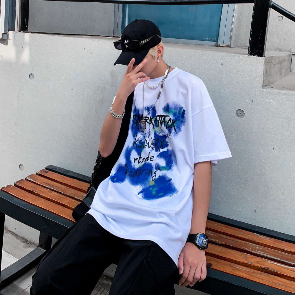 

t shirt summer fashion brand black print hip hop half sleeve men's loose round neck short top, White;black