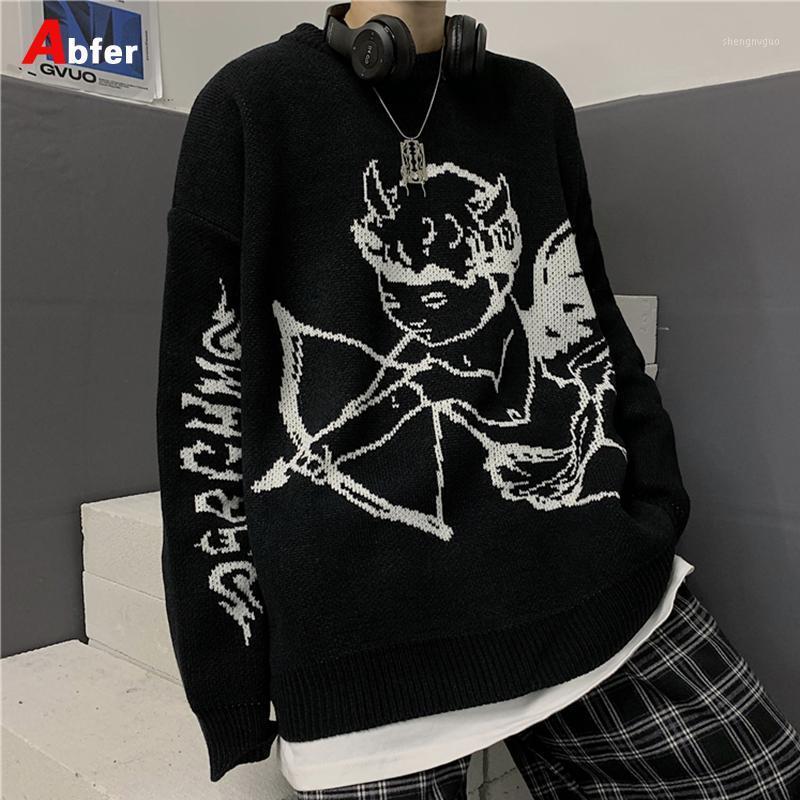 

Men's Sweaters Abfer Autumn Angel Jacquard Pullover Men Cupid Sweater Harajuku Anime Knitted Oversized Hip Hop Vintage Couple Clothes Jumper, White;black