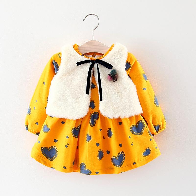 

Girl's Dresses Sweet Baby Girl Dress+Vest 2Pcs Spring Fall Hearts Print Long Sleeve Knee-length Dress+White Vest Coats Kids Outfits 0-24M