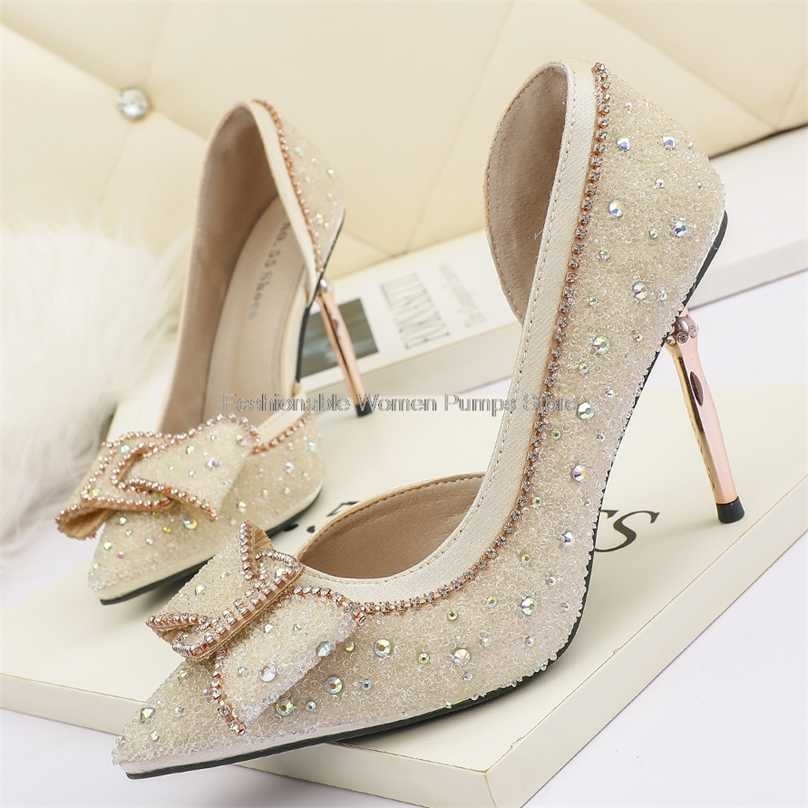 

elegant women pumps crystal shallow 9cm high heels stilettos butterfly-knot women's party shoes bride wedding 211029, Green