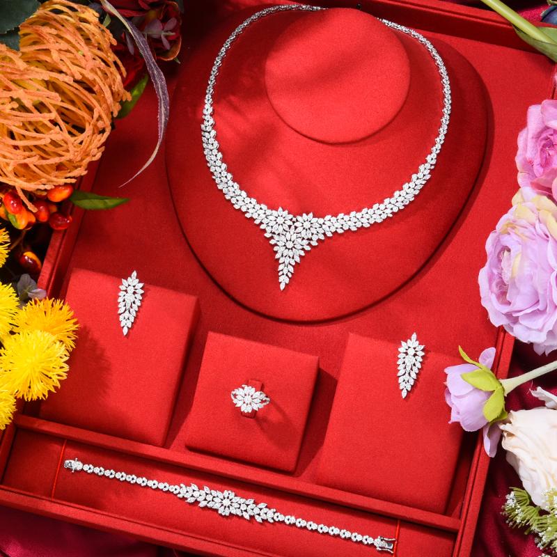 

Earrings & Necklace KellyBola 2021 Women's Fashion Luxury Bracelet Ring 4PCS Set High Quality Cubic Zirconia Exquisite Jewelry, Silver