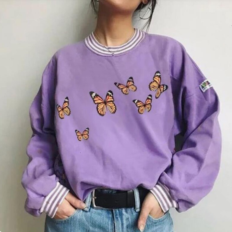 

2021 Stylish Butterfly Young Printed Sweatshirt Female Elegant Girls Casual Women Hoodies Purple Autumn 8kbf