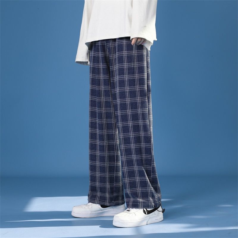 

2021 New Spring Cotton Linen Plaid Men's Fashion Retro Casual Men Streetwear Korean Hip-hop Straight Wide Leg Pants Mens Zrh6, Gray