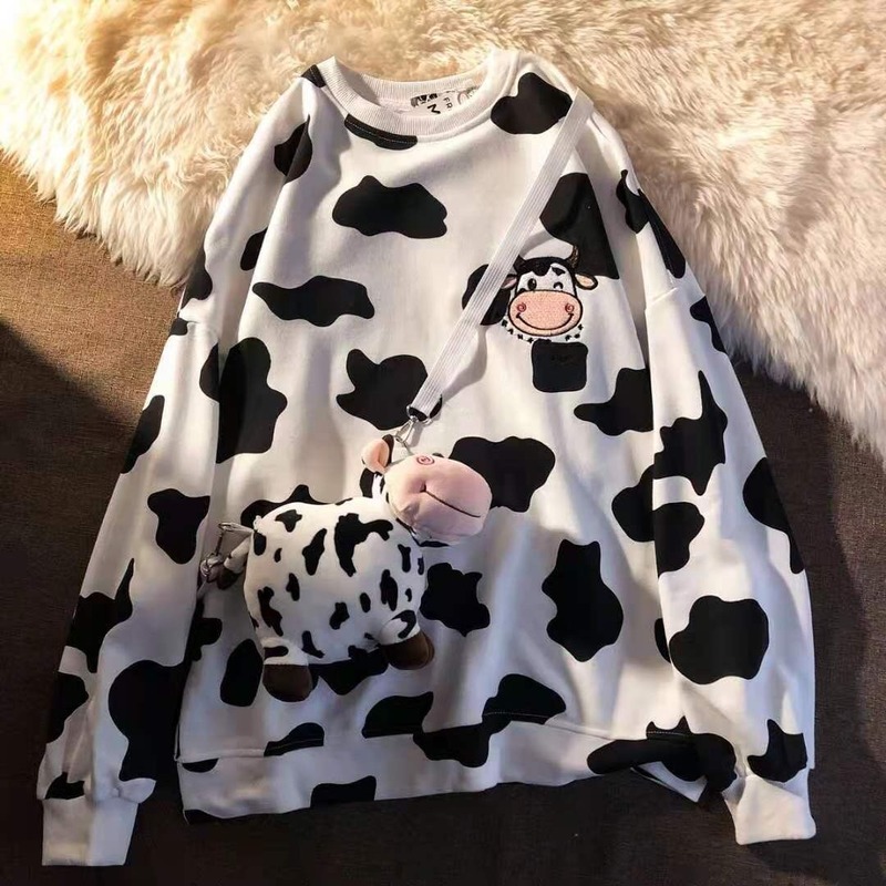 

Japanese Harajuku Cute Milk Embroidery Sweatshirt Women Long Sleeve Tops Kawaii Cow Print Sweatshirt Women 2021 Fashion, Black