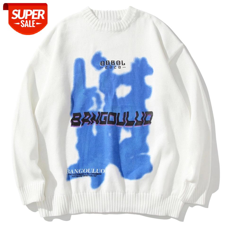 

Hip Hop Streetwear Mens Knitted Sweater 2021 Spring Harajuku Sweater Oversize Graffiti Cotton Loose Pullover Men Clothing White #W58G, White;black