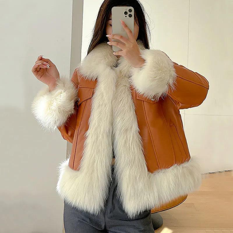 

Women's Fur & Faux Autumn Winter Pu Leather Stitching Coat Oversize Warm Cardigan Women Clothing High Quality Slim Streetwear, Black