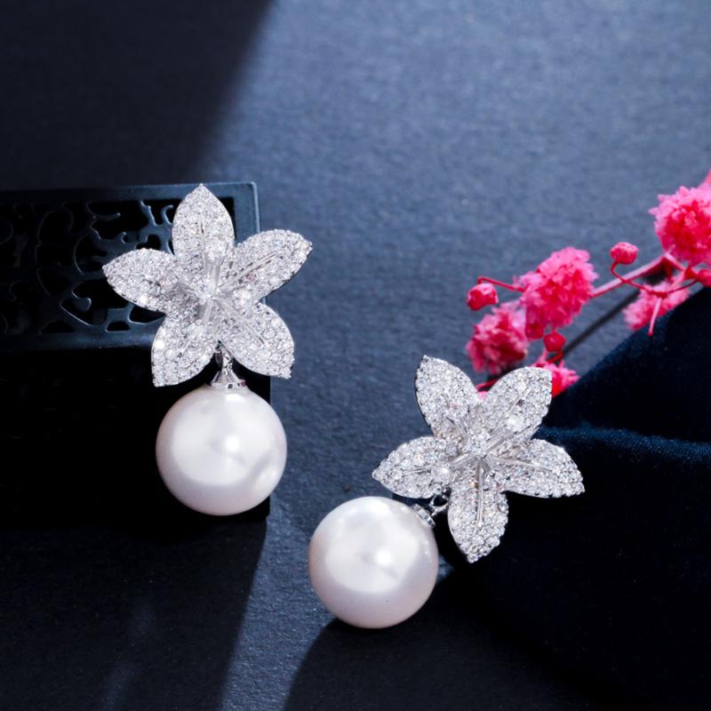 

Dangle & Chandelier CWWZircons Noble White Gold Color Drop Pearl Cubic Zirconia Lovely Geometric Flower Earrings For Women Chic Jewelry CZ97, Silver