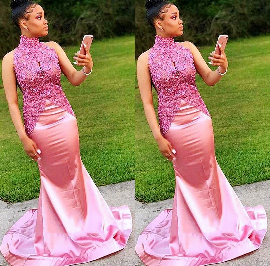 

2021 Pink Prom Dresses High Neck Lace Applique Beaded Mermaid Satin Sleeveless Sweep Train Custom Made Evening Gown vestidos Formal Occasion Wear, Champagne