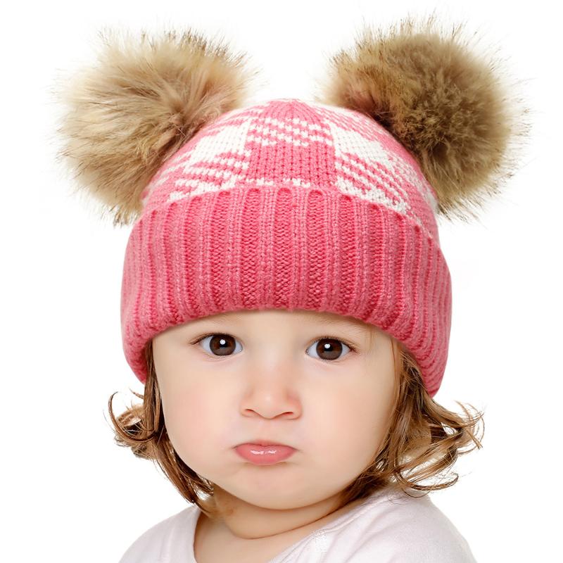 

Beanies Baby Hat Autumn And Winter Outdoor Keep Warm Sleeve Cap 0-2 Years Old Christmas Knitted Pairs Of Fur Balls