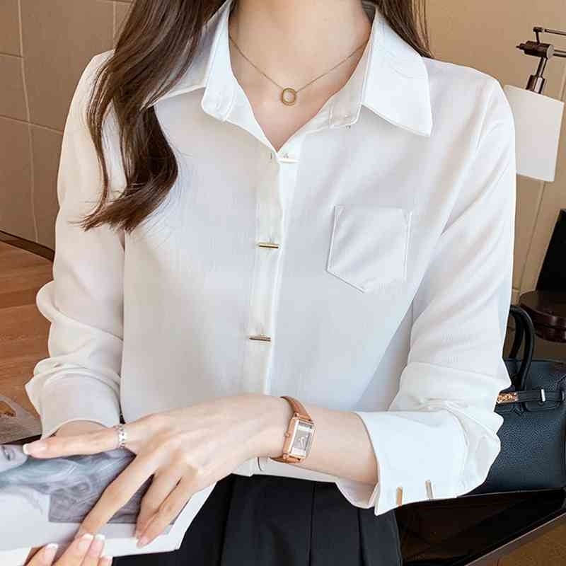 

Blusa Long Sleeve Blouse Women Blusas Mujer De Moda Chiffon White Blouse Shirt Turn Down Collar Office Blouse Tops E200 210602