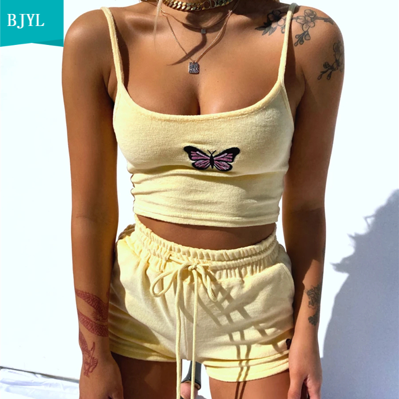 

2021 New Women's Butterfly Clothes Set Streetwear Sportswear Sleeveless Cropped Shirt Lace-up Casual Sports Run Elastic High-waist Shorts 7g, Pink
