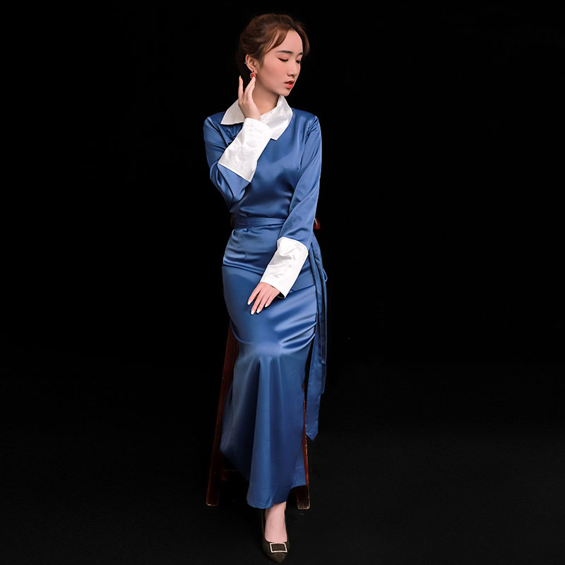 

Blue Tibetan ethnic clothing women elegant festival dress traditional tang suit gown oriental costume Asian cheongsam style robe
