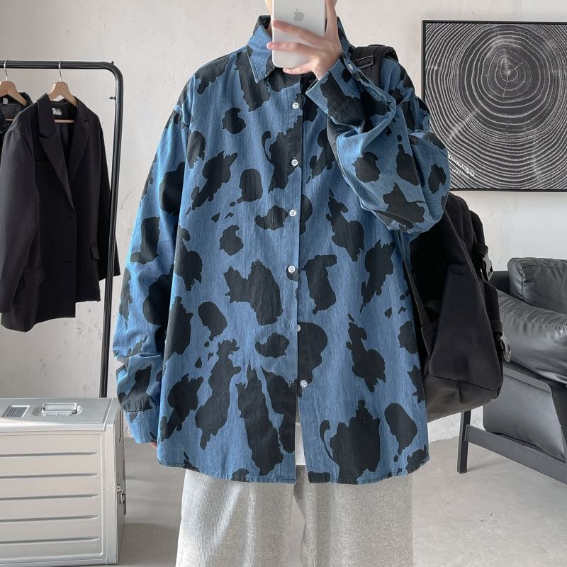 

2021 New Spring Cotton Men's Fashion Print Retro Casual Men Streetwear Korean Loose Long Sleeve Shirts Mens Shirt -2xl X50j, Deep blue