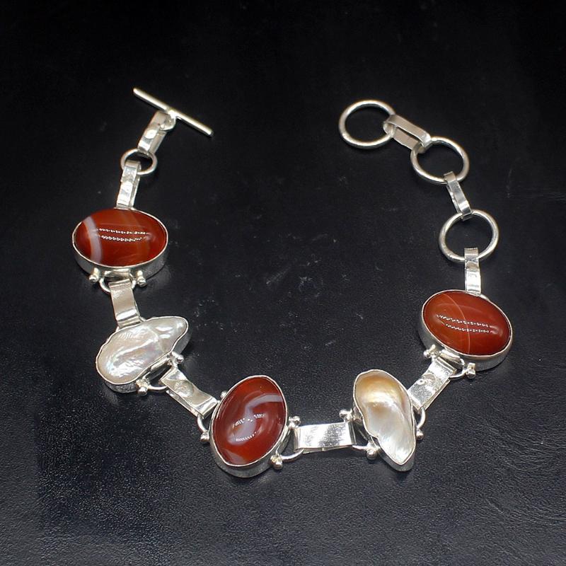 

Link, Chain Gemstonefactory Jewelry Big Promotion 925 Silver Botswana Agate Biwa Pearl Lady Women Charm Links Bracelet 20cm 20213529