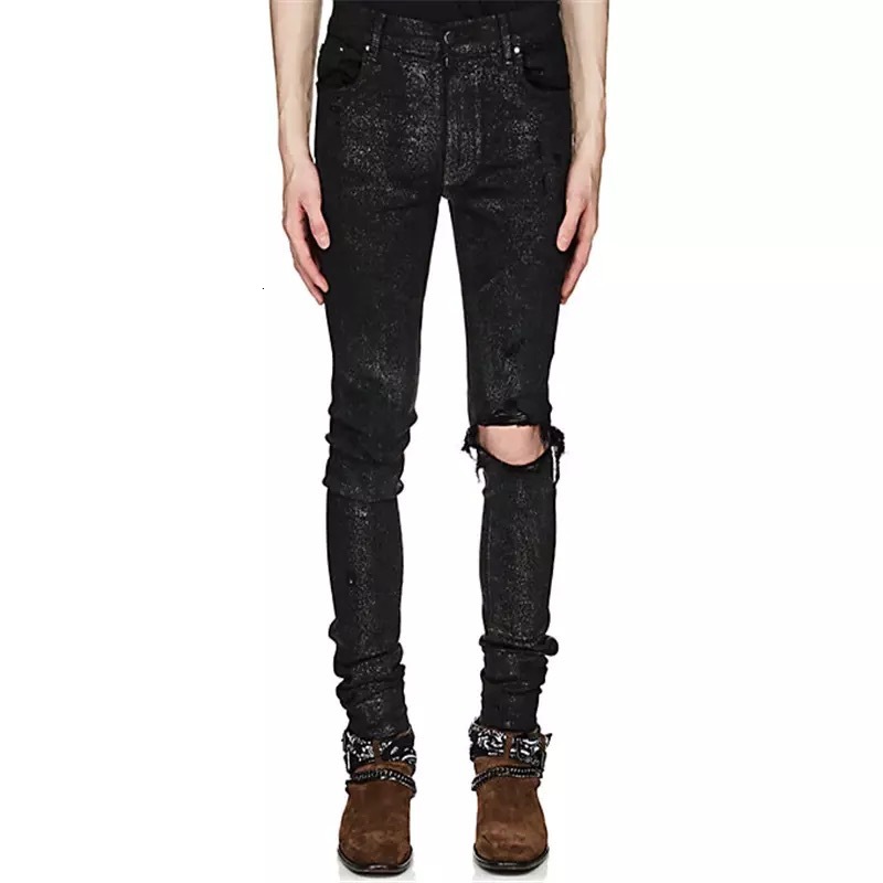 

Chao brand slp19ss AMI style perforated glitter powder coated Sequin Slim Fit Jeans Men's and women's high street, Black;white