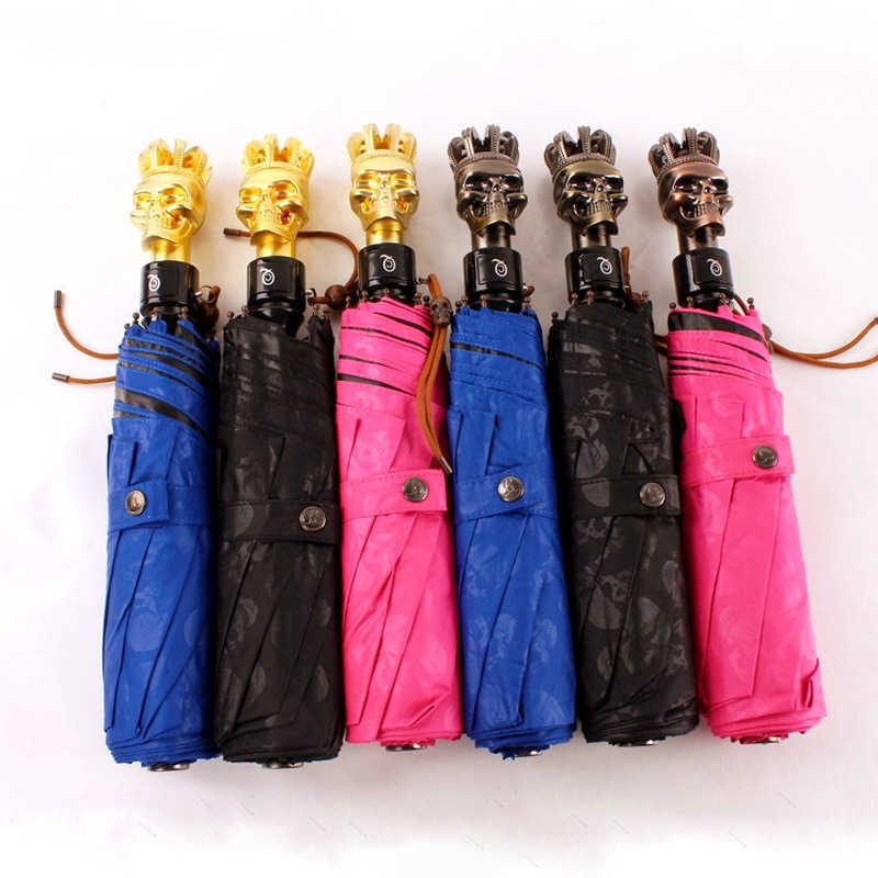 

Fashion Trend Mcqueen Skull Sun Umbrella Personality Three Fold Automatic Sunny and Rainy, Golden crown skull black