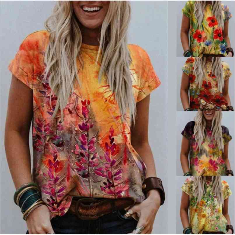 

Summer Short Sleeve O-Neck Harajuku Tshirt Women Casual Floral Print Streetwear Tees Fashion Oversized Tops Female Loose T Shirt 210708, C-3